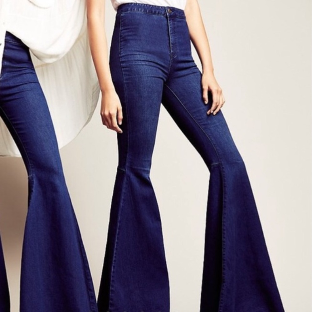 Free People high waisted denim flare bell bottoms.